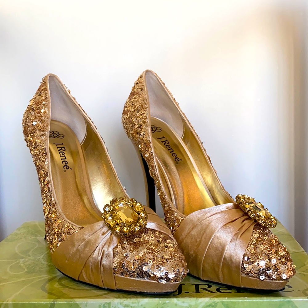 J. Reneé Fable Gold Satin/Sequin Pumps with 4.5 in heel